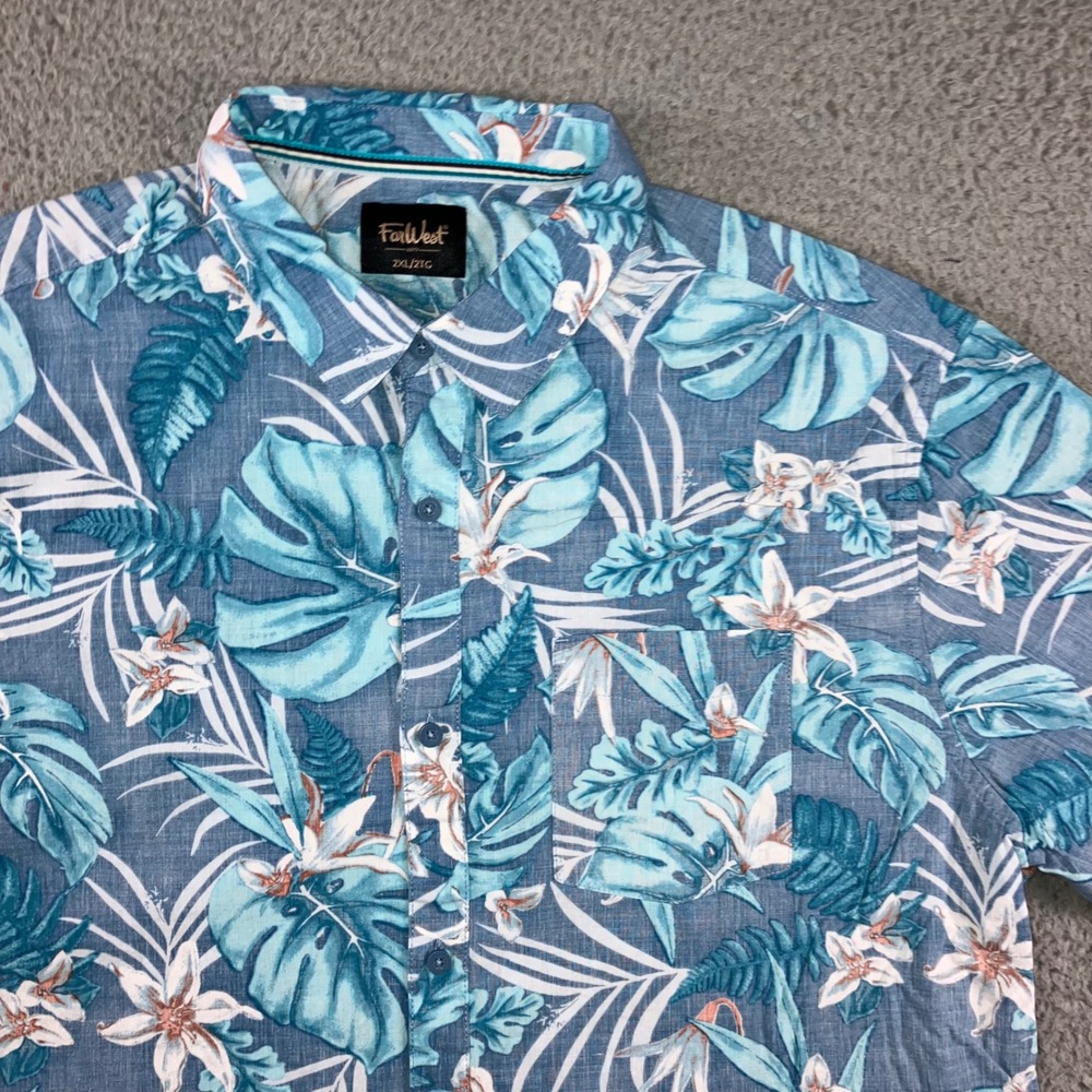 FarWest Hawaiian Shirt Men 2XL Blue Tropical Monstera Hibiscus Beach‎ Vacation